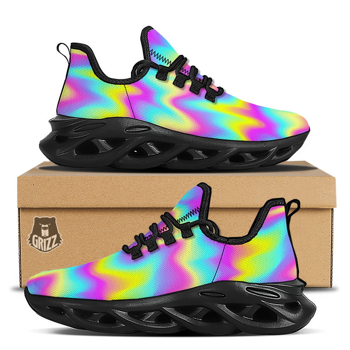 Flow Rainbow Print Pattern Black Running Shoes-grizzshop