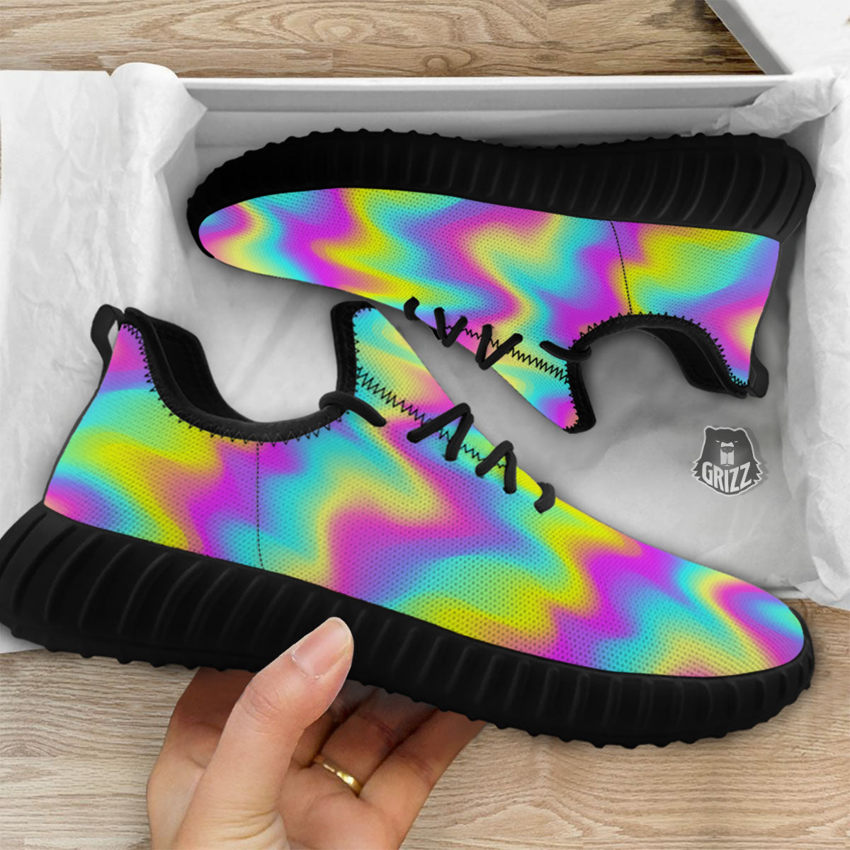 Flow Rainbow Print Pattern Black Walking Shoes-grizzshop