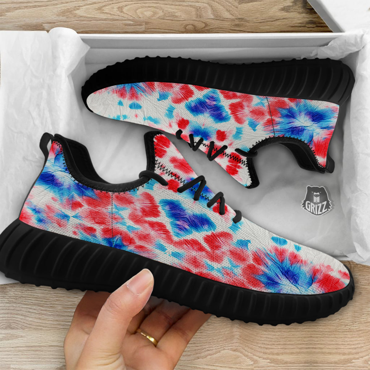 Flower Abstract Mark Red And Blue Print Black Walking Shoes-grizzshop