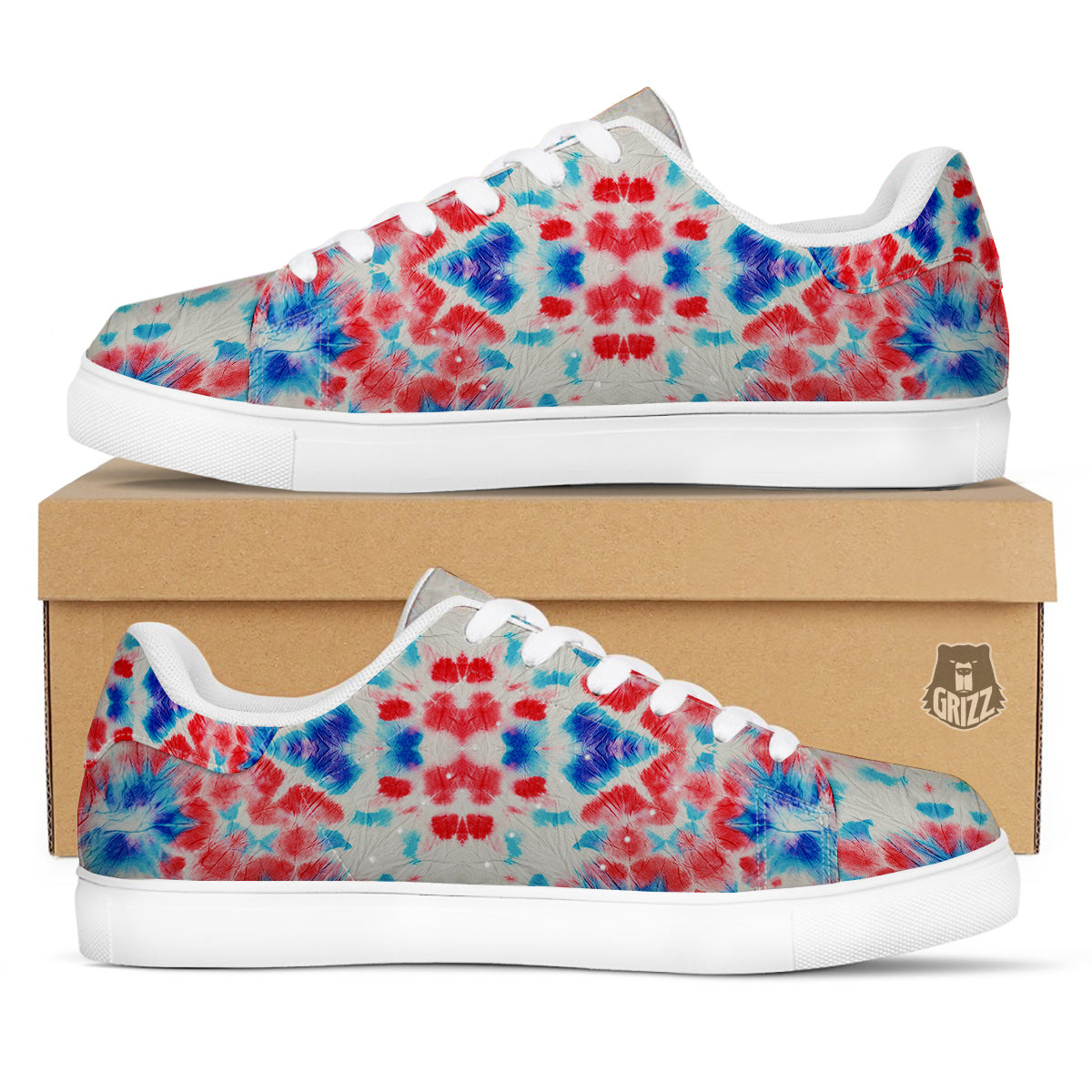 Flower Abstract Mark Red And Blue Print White Low Top Sneakers-grizzshop