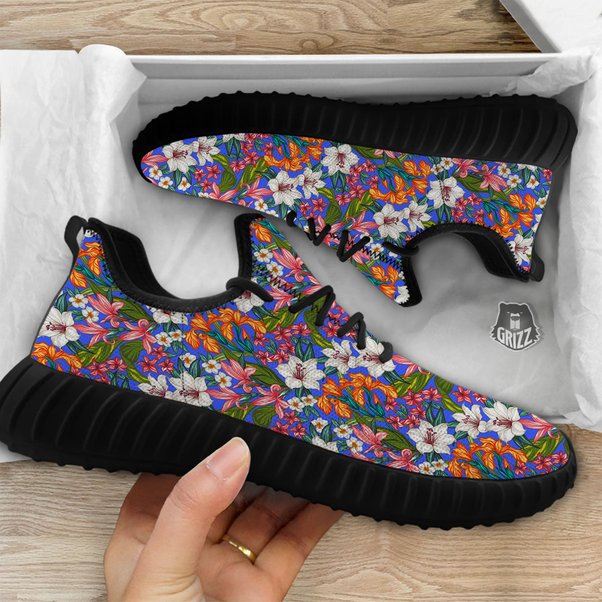 Flower Aloha Hawaiian Print Black Walking Shoes-grizzshop