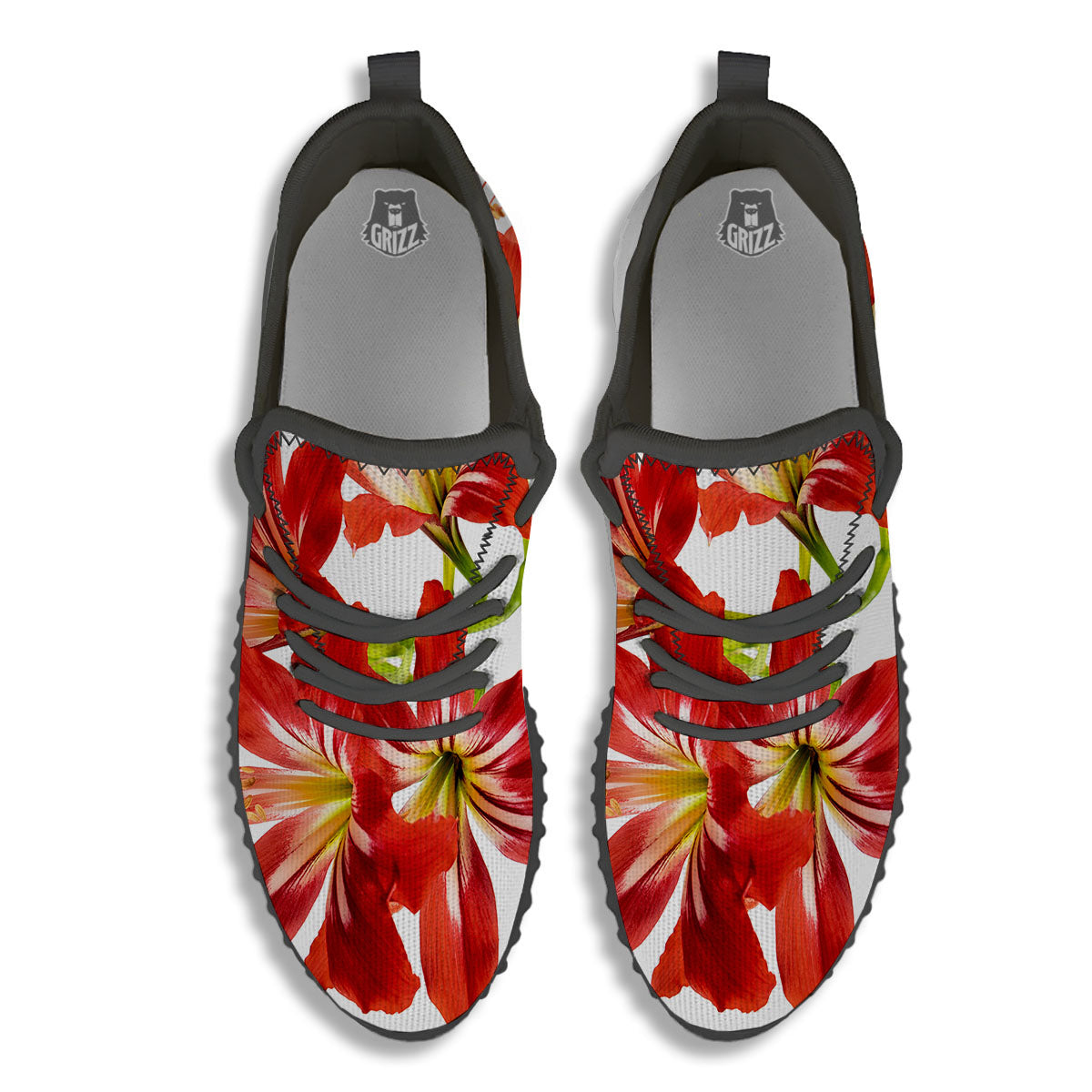 Flower Amaryllis Print Black Walking Shoes-grizzshop
