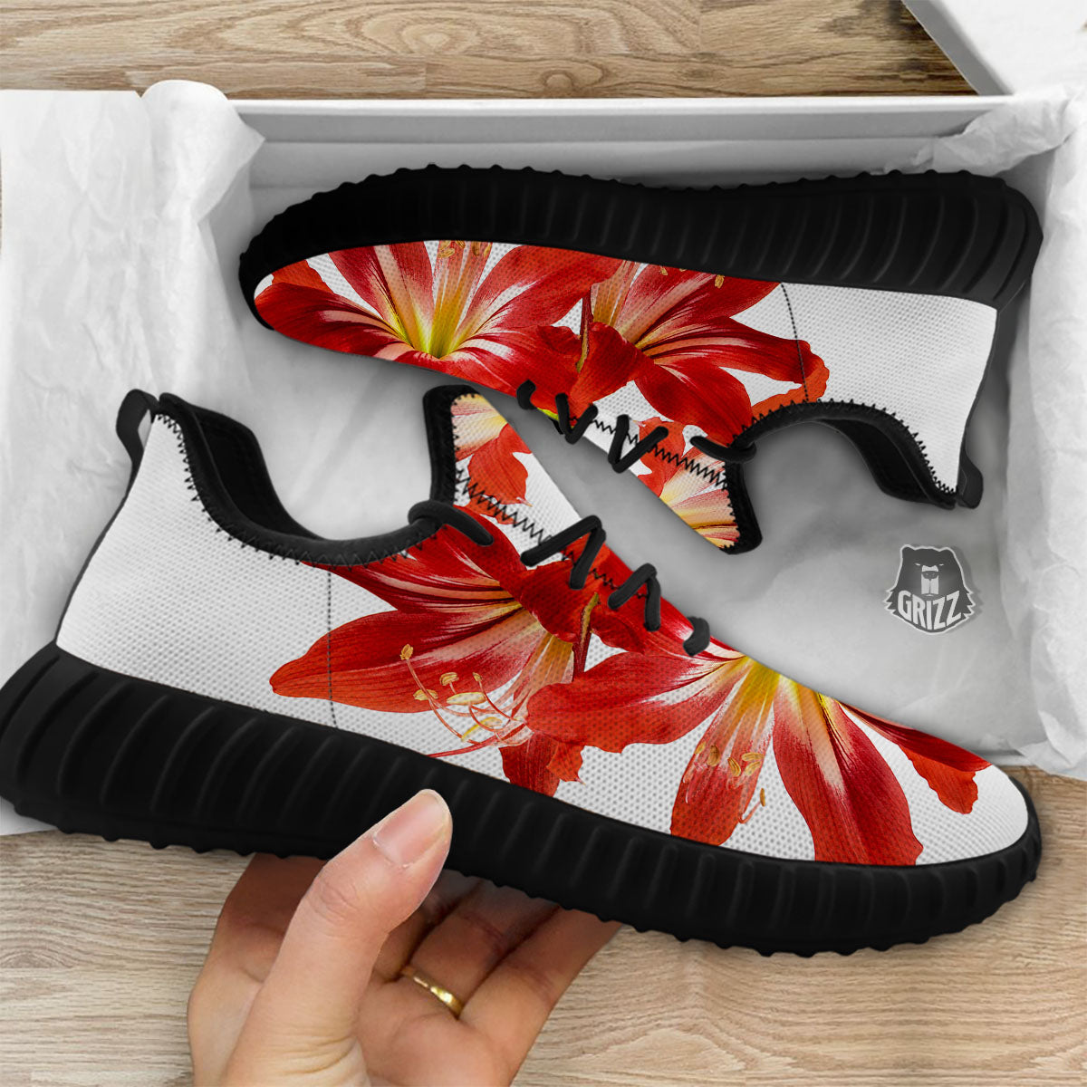 Flower Amaryllis Print Black Walking Shoes-grizzshop