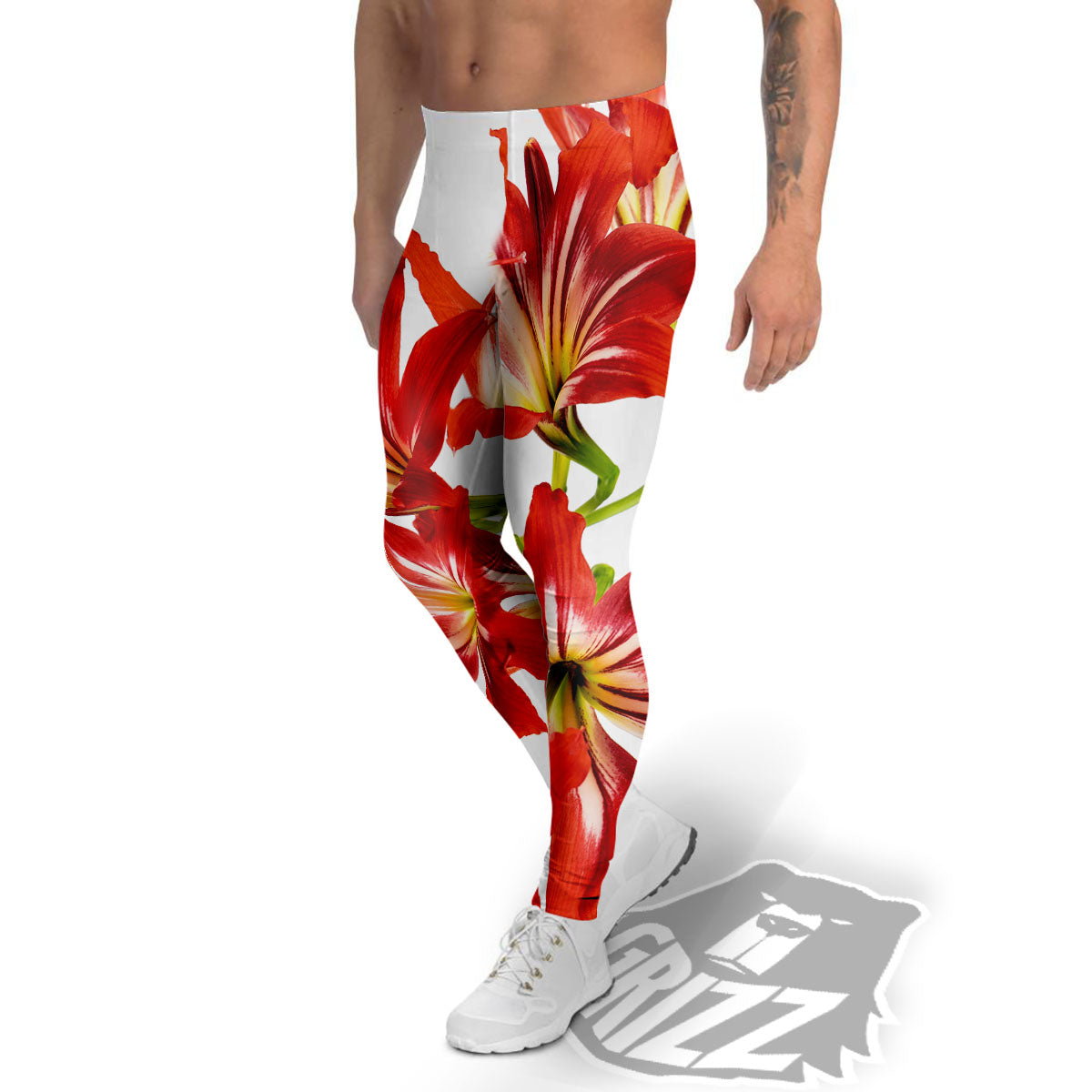 Flower Amaryllis Print Men's Leggings-grizzshop