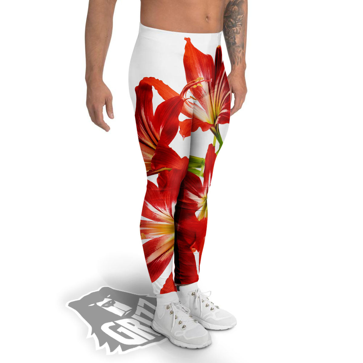 Flower Amaryllis Print Men's Leggings-grizzshop