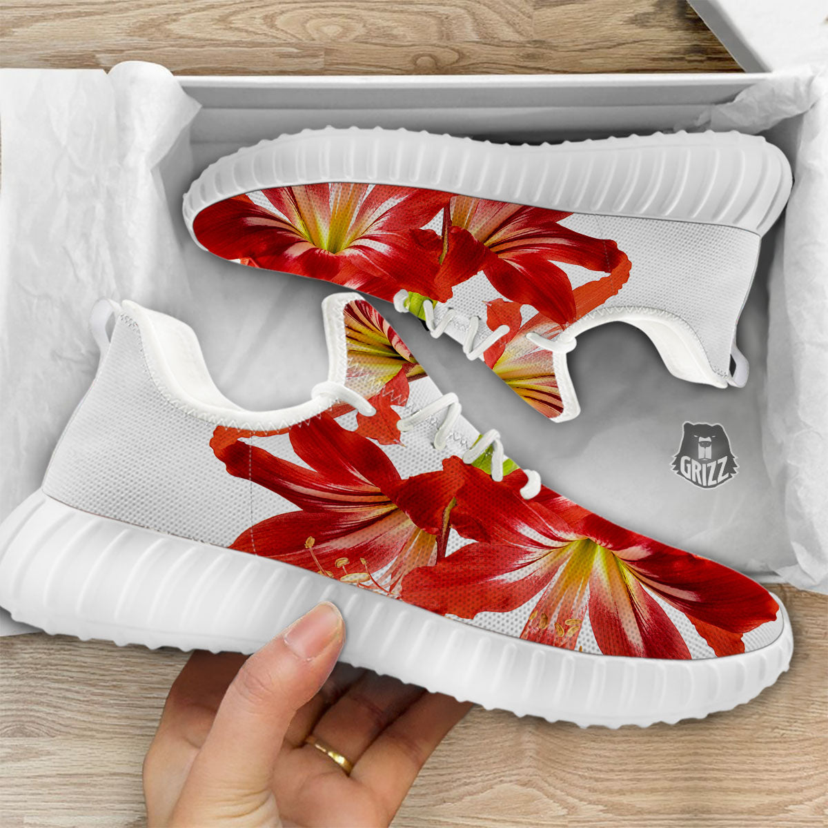 Flower Amaryllis Print White Walking Shoes-grizzshop
