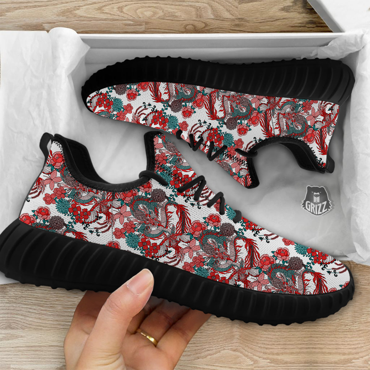 Flower And Chinese Dragon Print Pattern Black Walking Shoes-grizzshop