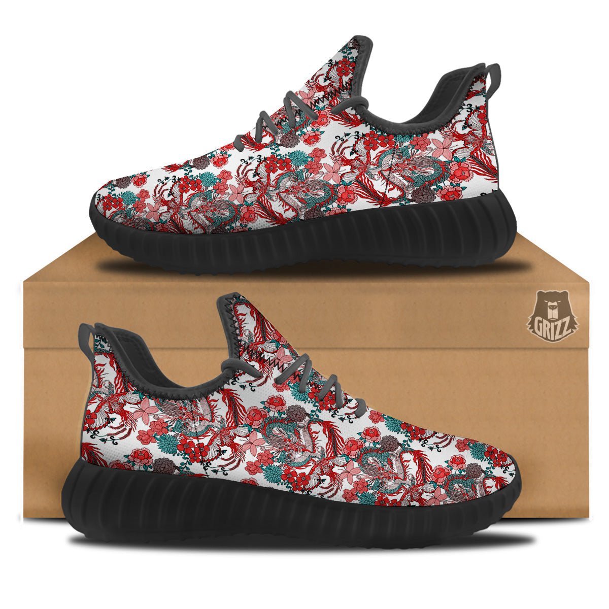 Flower And Chinese Dragon Print Pattern Black Walking Shoes-grizzshop