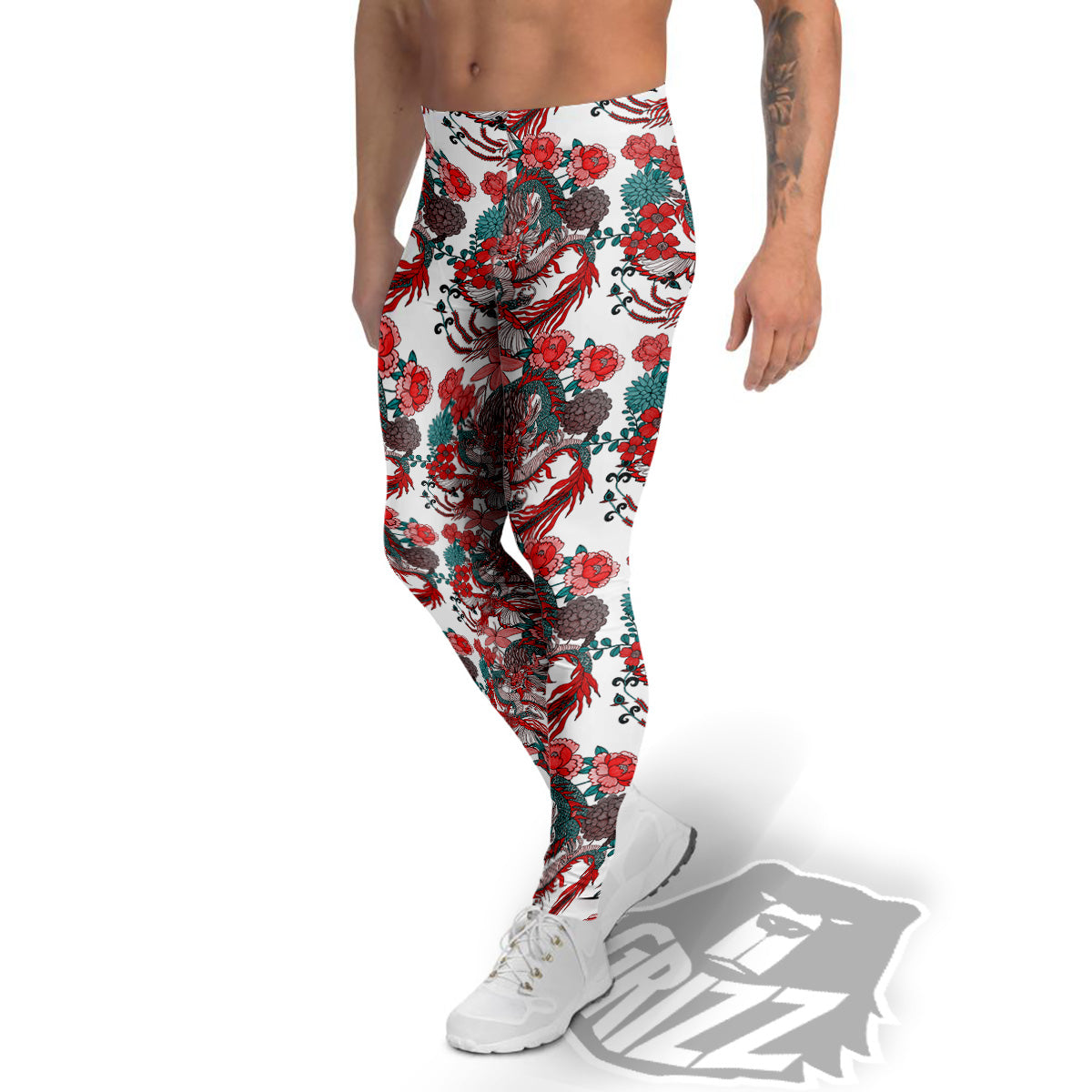Flower And Chinese Dragon Print Pattern Men's Leggings-grizzshop