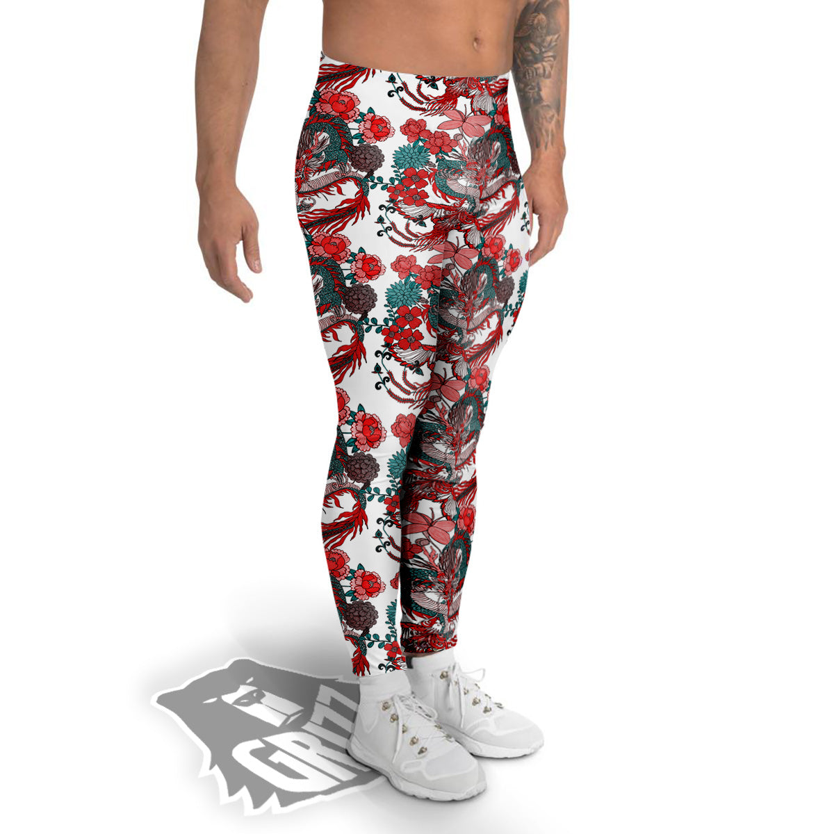 Flower And Chinese Dragon Print Pattern Men's Leggings-grizzshop