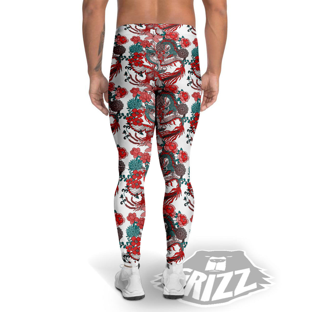 Flower And Chinese Dragon Print Pattern Men's Leggings-grizzshop