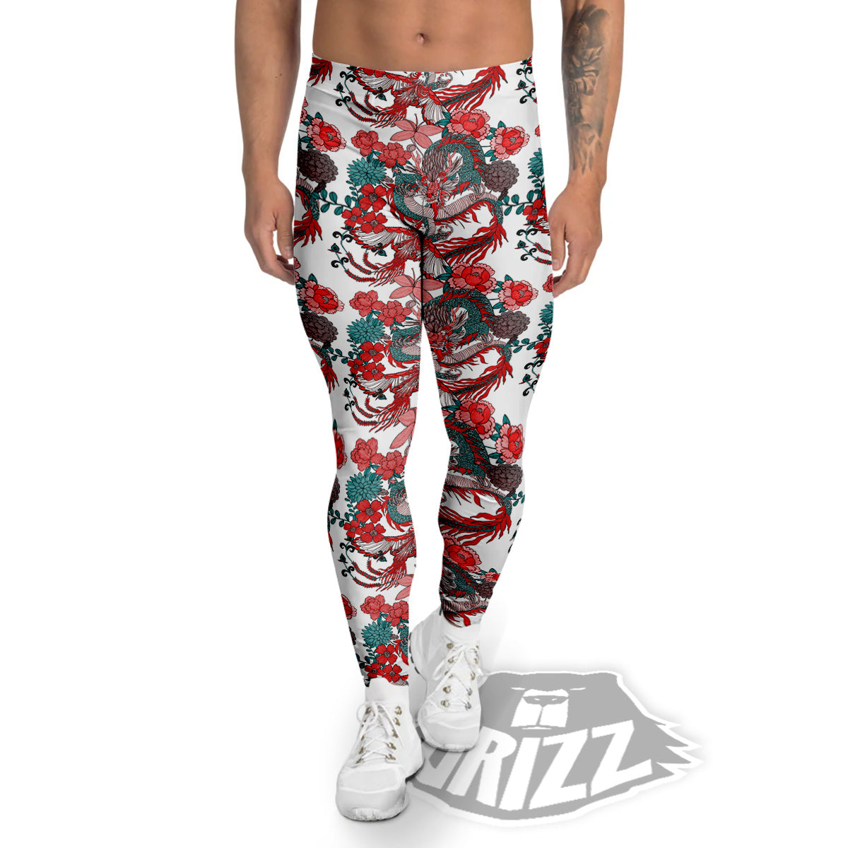Flower And Chinese Dragon Print Pattern Men's Leggings-grizzshop