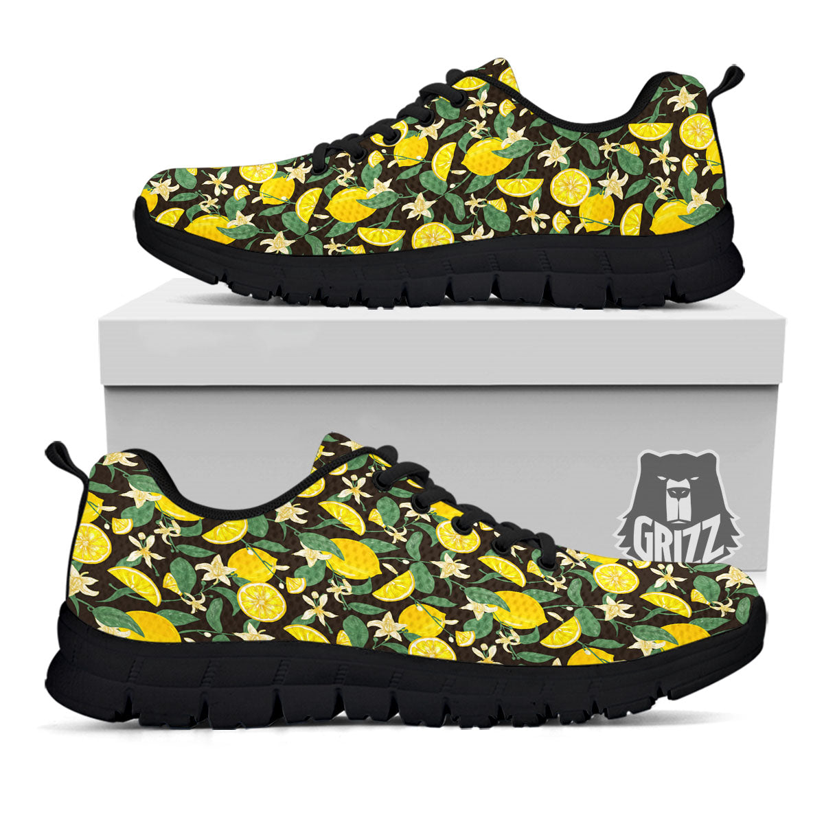 Flower And Lemon Print Pattern Black Sneaker-grizzshop