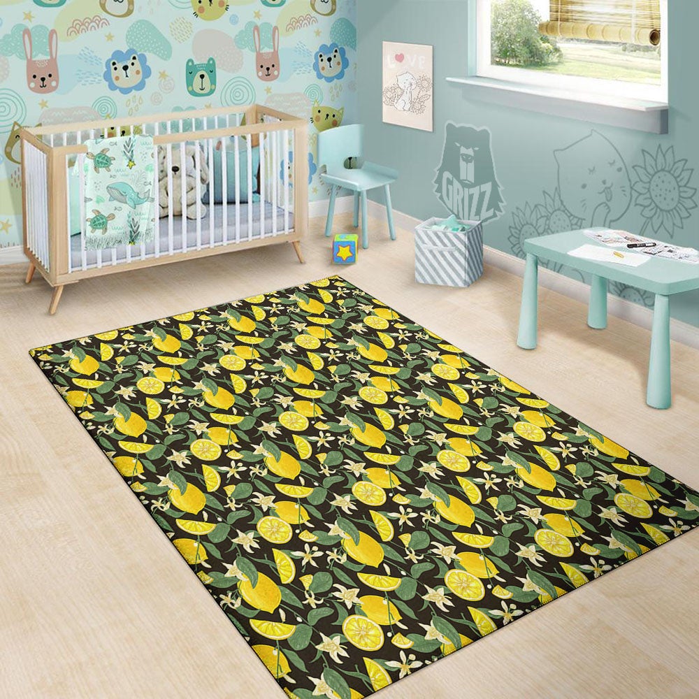 Flower And Lemon Print Pattern Floor Mat-grizzshop