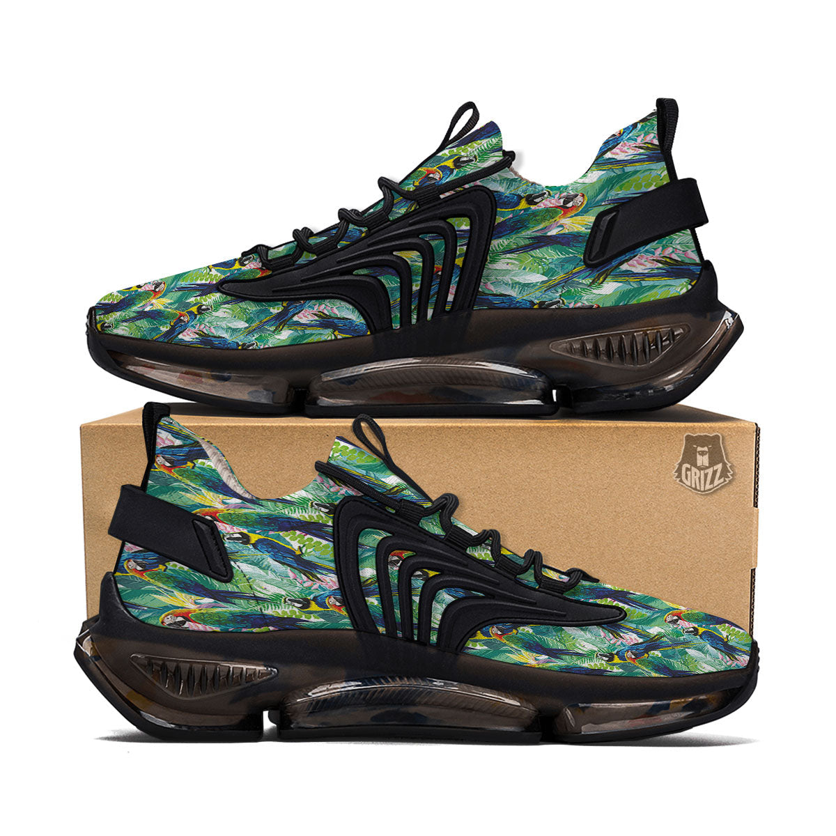 Flower And Parrot Print Pattern Black Gym Shoes-grizzshop