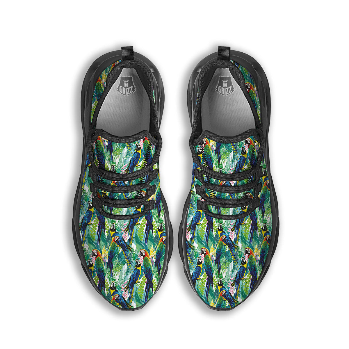 Flower And Parrot Print Pattern Black Running Shoes-grizzshop
