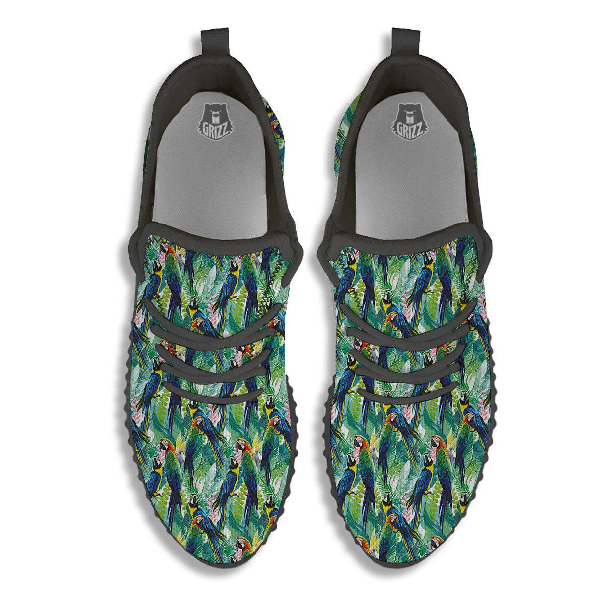 Flower And Parrot Print Pattern Black Walking Shoes-grizzshop