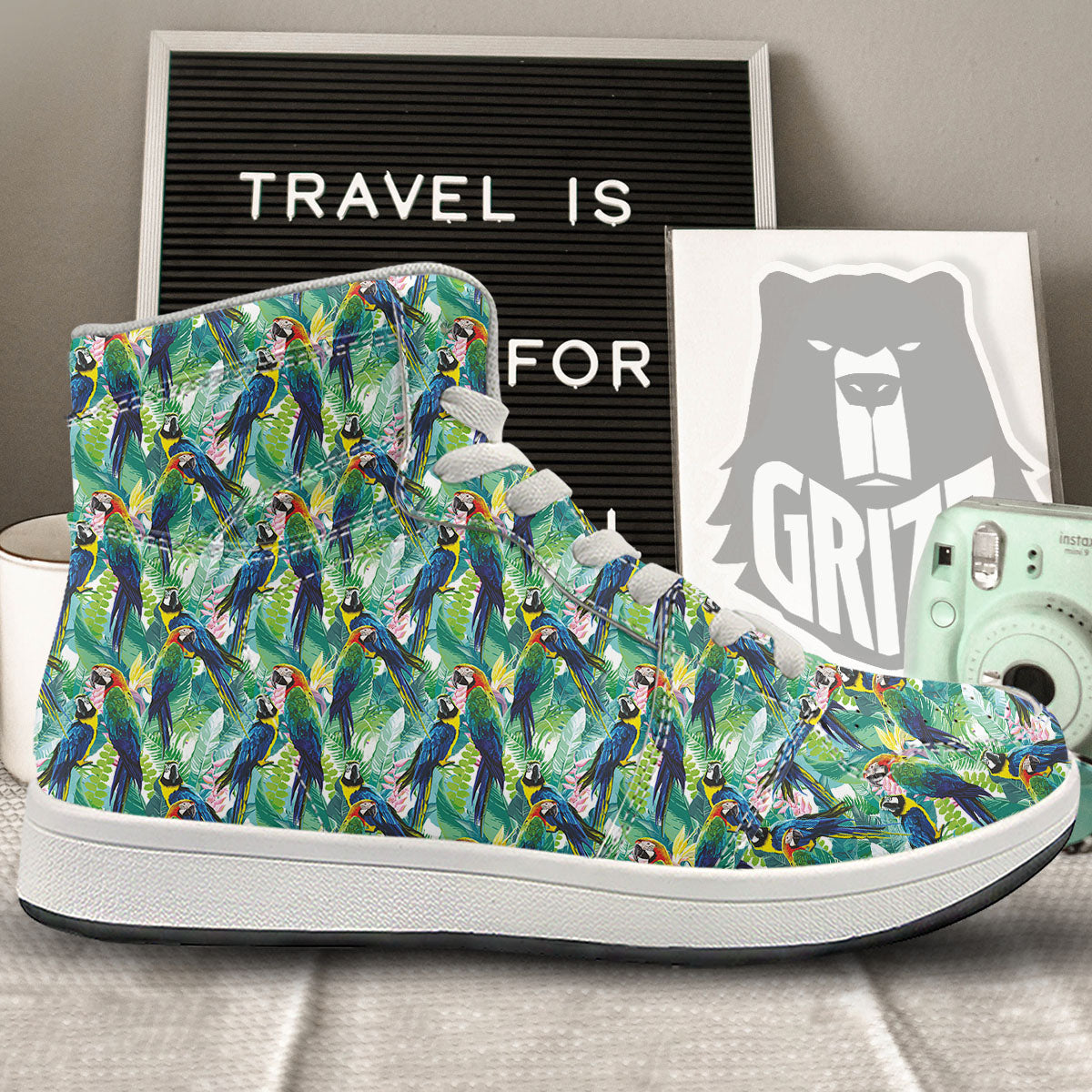Flower And Parrot Print Pattern High Top Sneakers-grizzshop