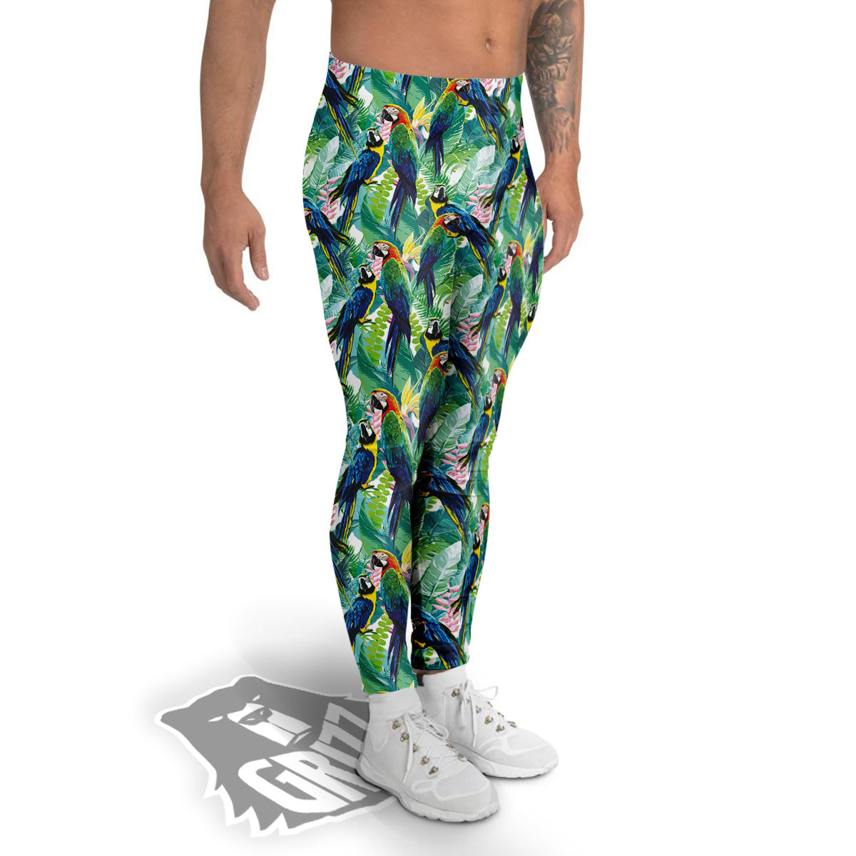 Flower And Parrot Print Pattern Men's Leggings-grizzshop