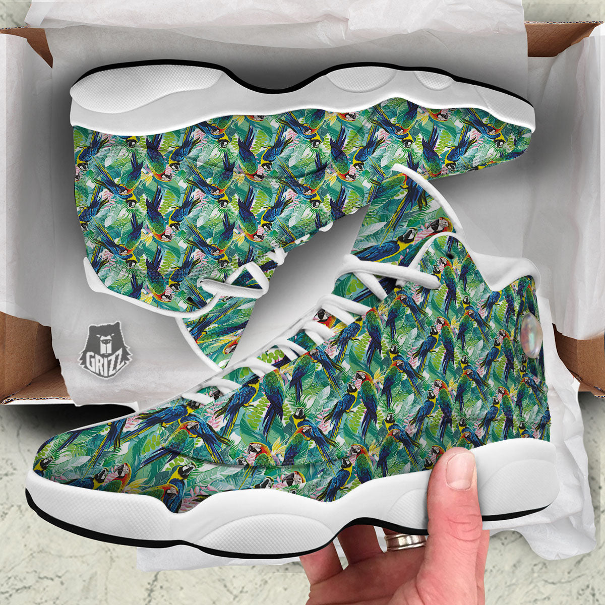 Flower And Parrot Print Pattern White Basketball Shoes-grizzshop