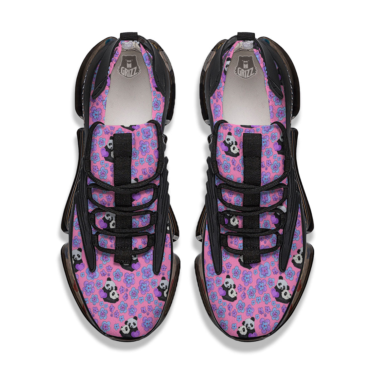 Flower And Purple Panda Print Pattern Black Gym Shoes-grizzshop