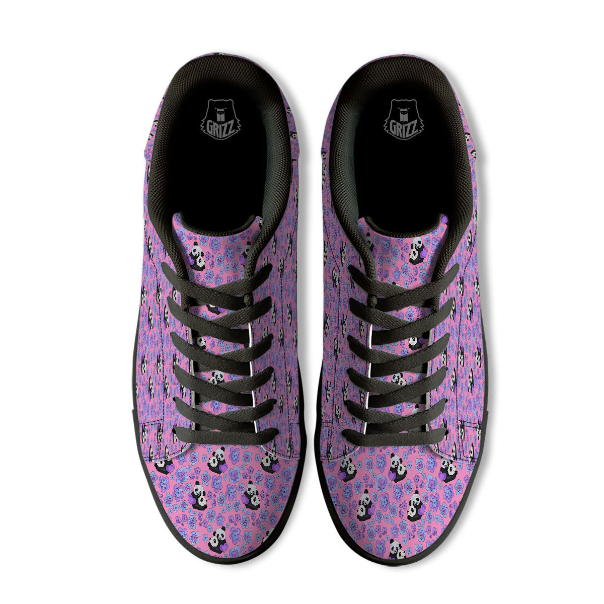 Flower And Purple Panda Print Pattern Black Low Top Sneakers-grizzshop