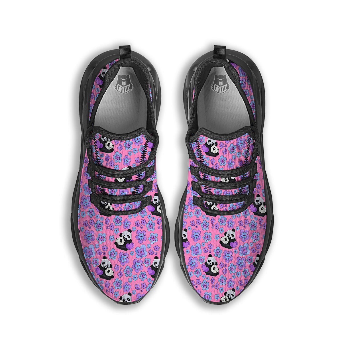 Flower And Purple Panda Print Pattern Black Running Shoes-grizzshop