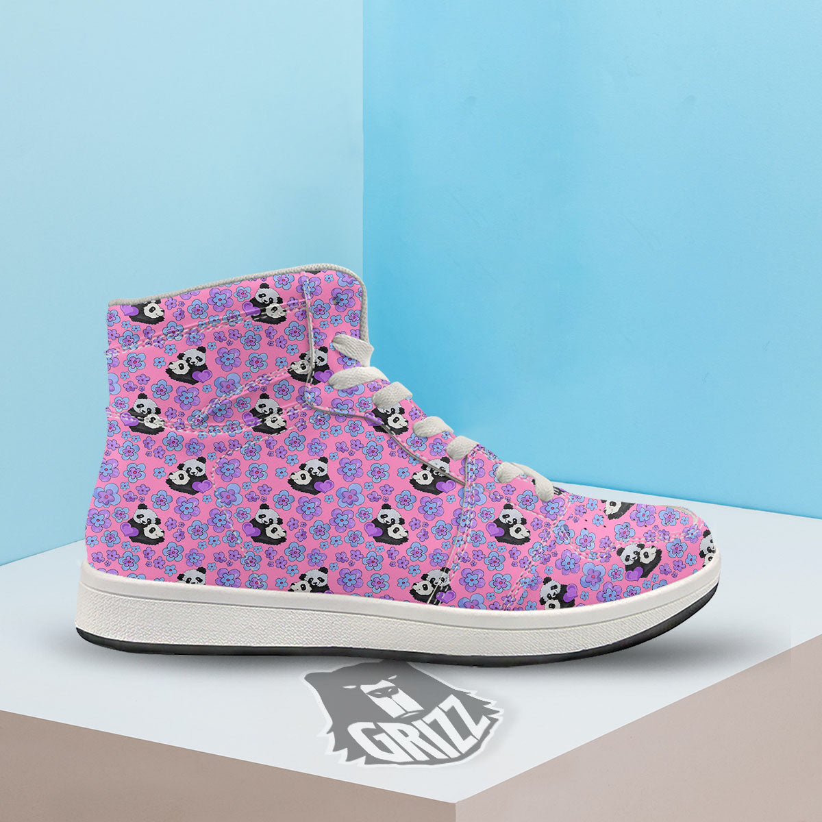 Flower And Purple Panda Print Pattern High Top Sneakers-grizzshop