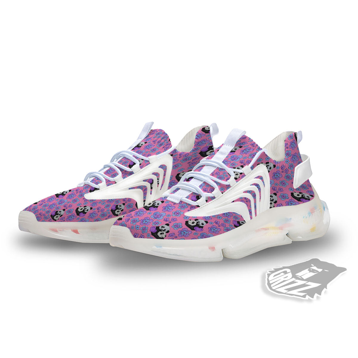 Flower And Purple Panda Print Pattern White Gym Shoes-grizzshop