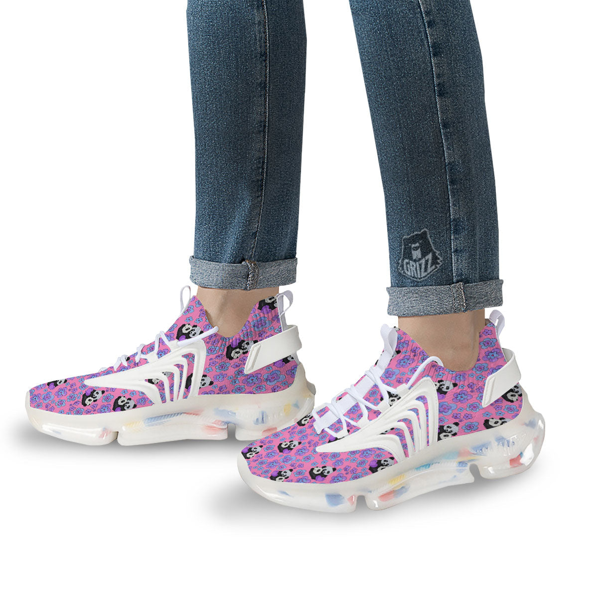 Flower And Purple Panda Print Pattern White Gym Shoes-grizzshop
