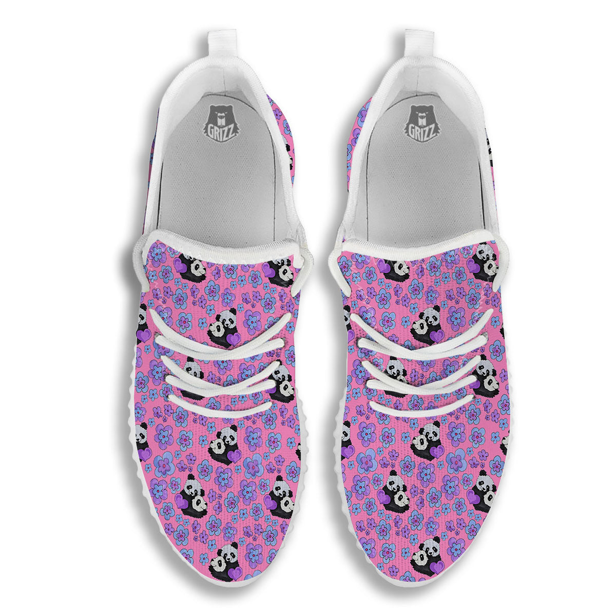 Flower And Purple Panda Print Pattern White Walking Shoes-grizzshop