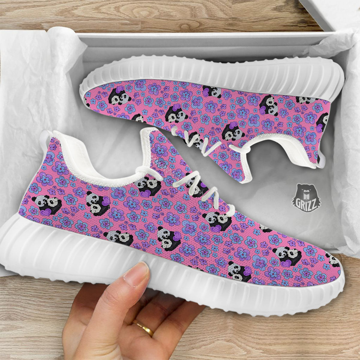 Flower And Purple Panda Print Pattern White Walking Shoes-grizzshop