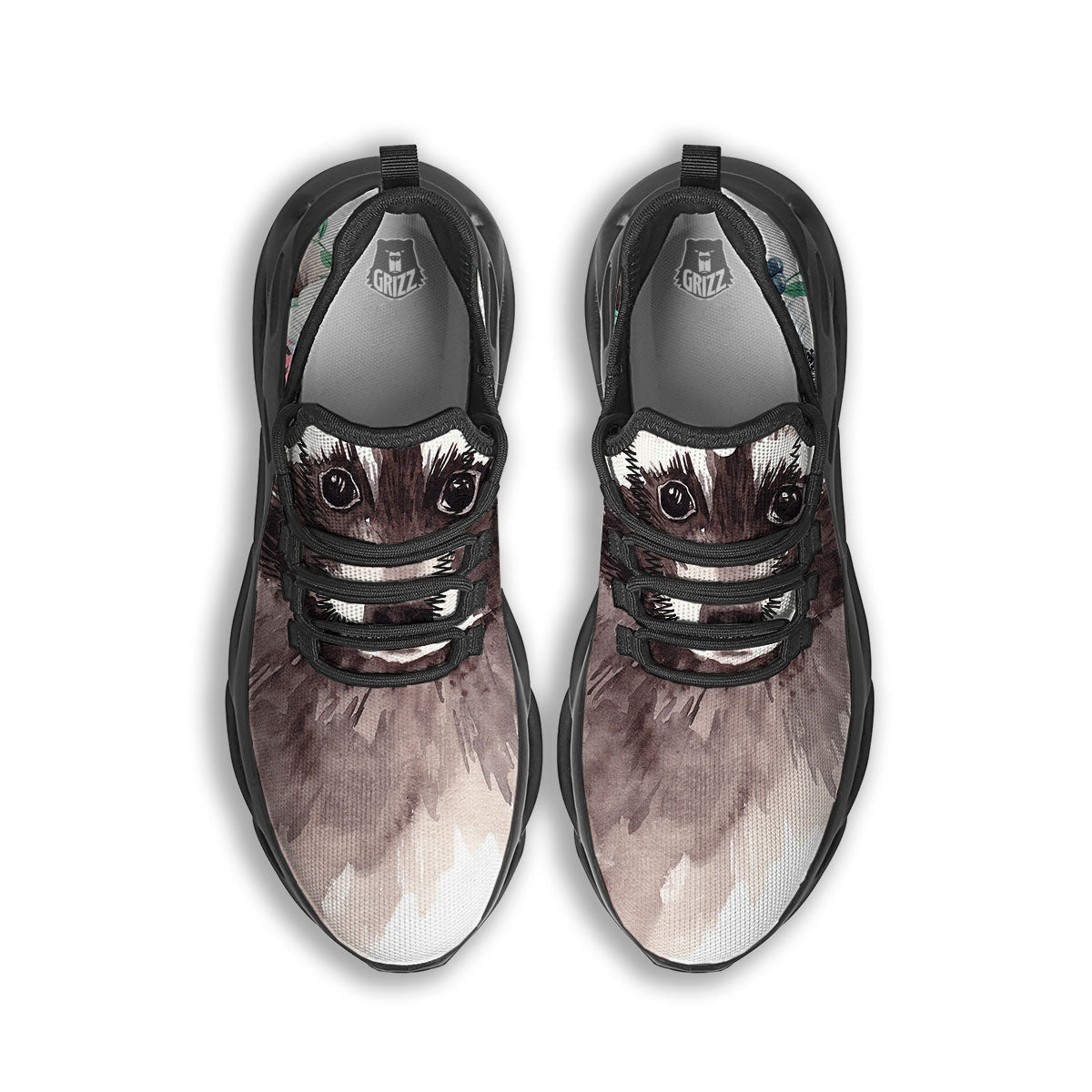 Flower And Raccoon Print Black Running Shoes-grizzshop