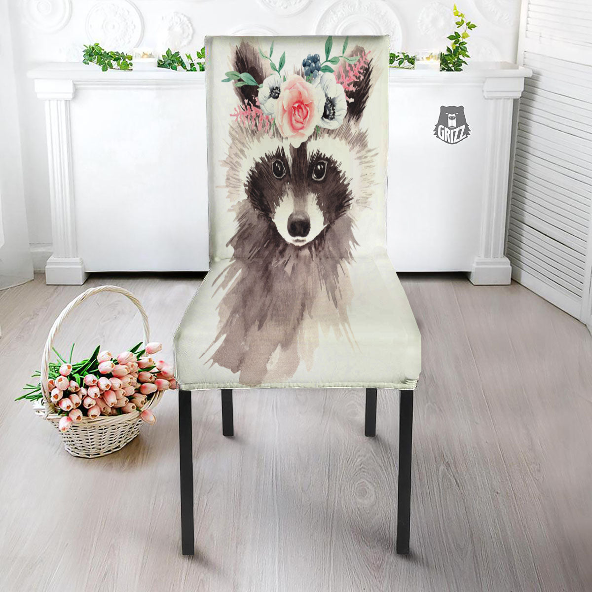 Flower And Raccoon Print Dining Chair Slipcover-grizzshop