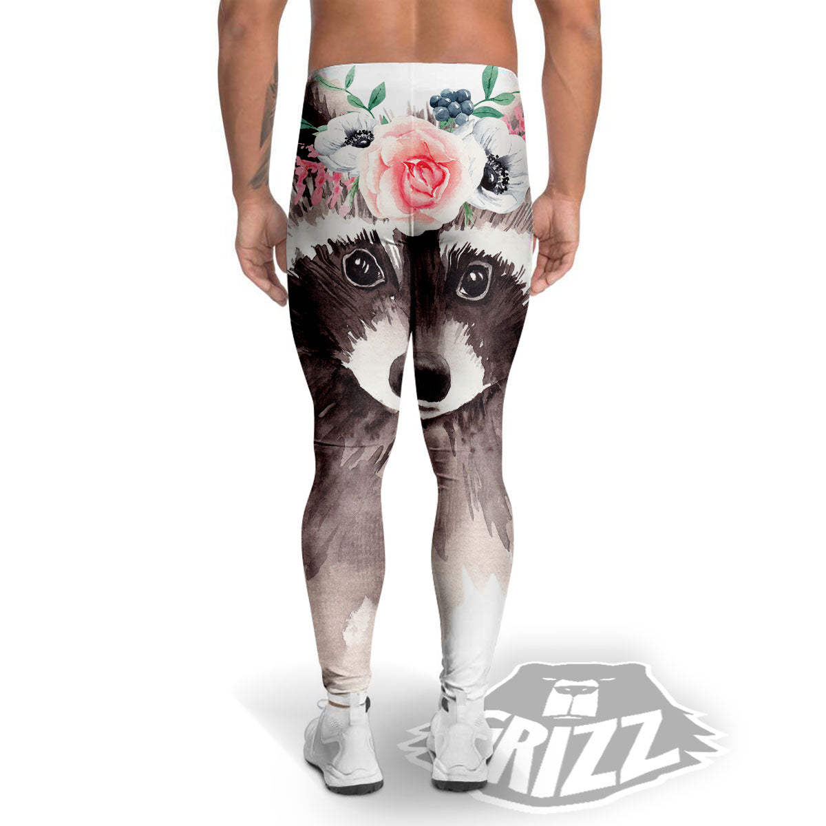 Flower And Raccoon Print Men's Leggings-grizzshop