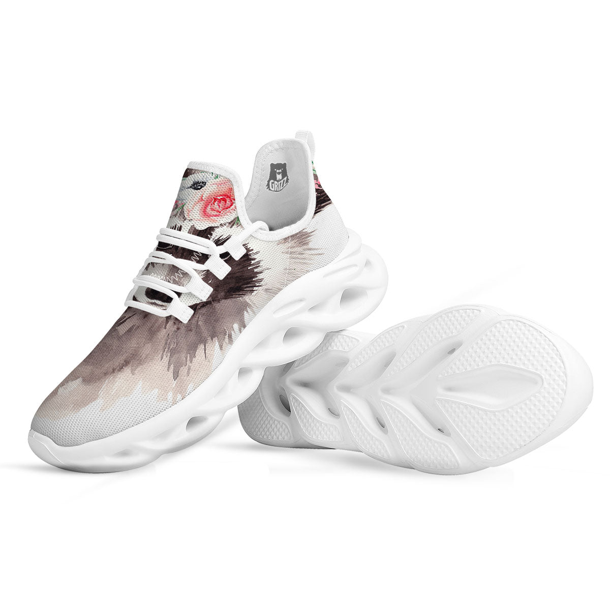 Flower And Raccoon Print White Running Shoes-grizzshop