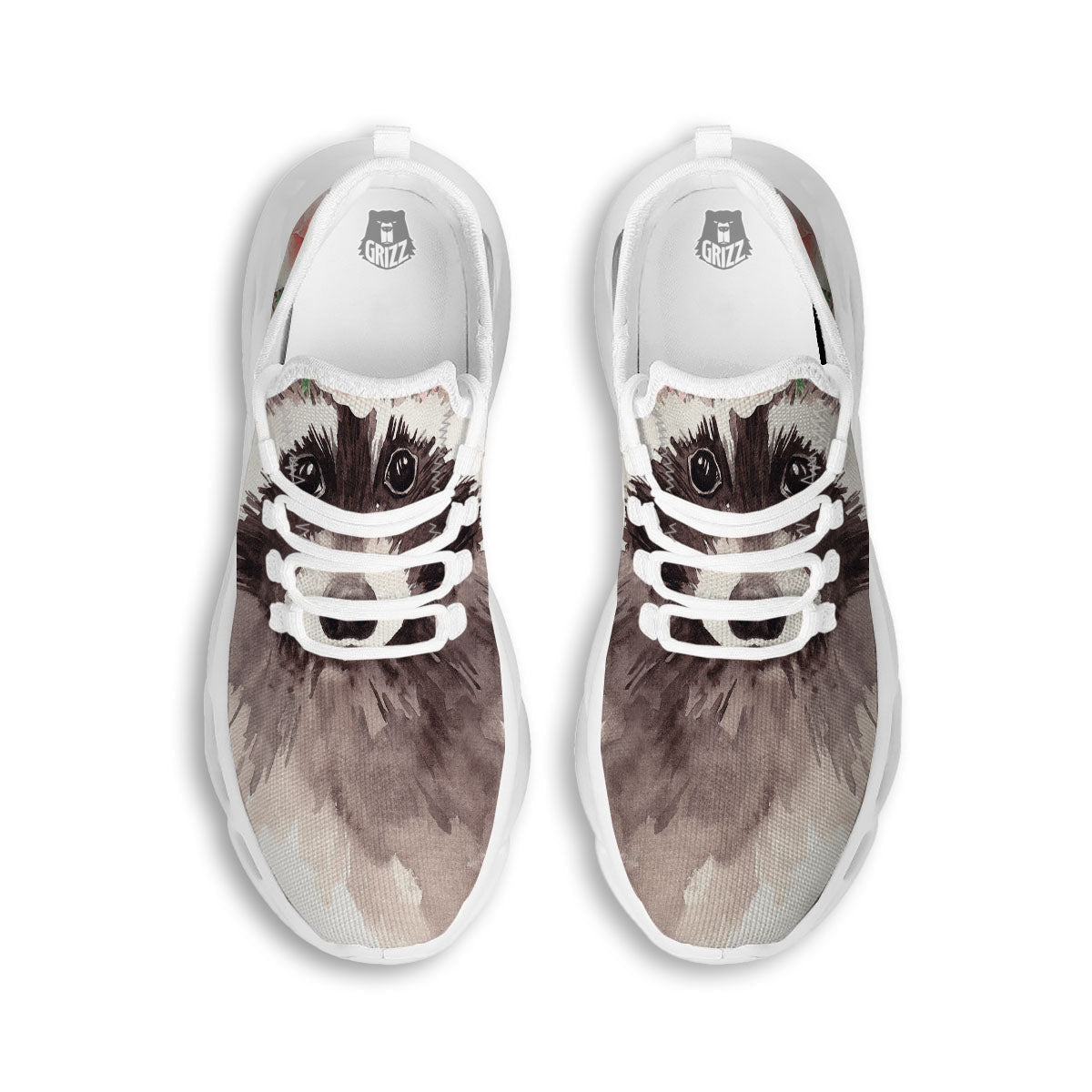 Flower And Raccoon Print White Running Shoes-grizzshop
