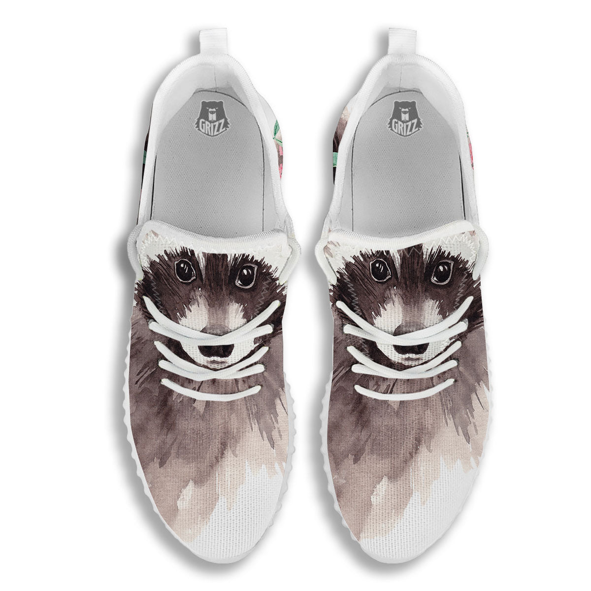 Flower And Raccoon Print White Walking Shoes-grizzshop