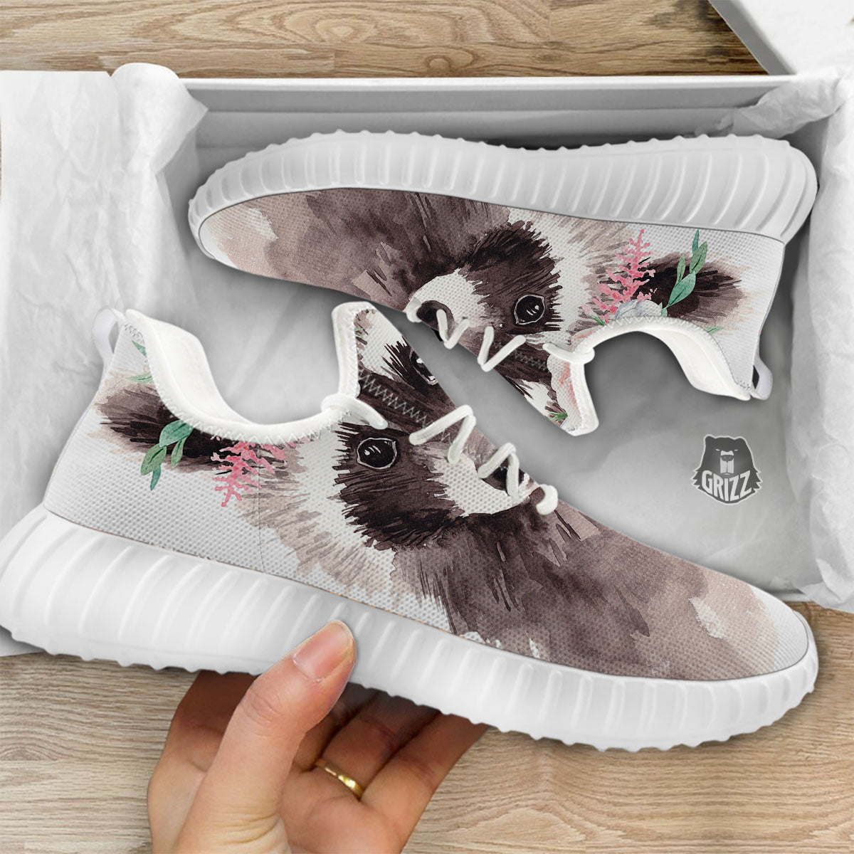 Flower And Raccoon Print White Walking Shoes-grizzshop