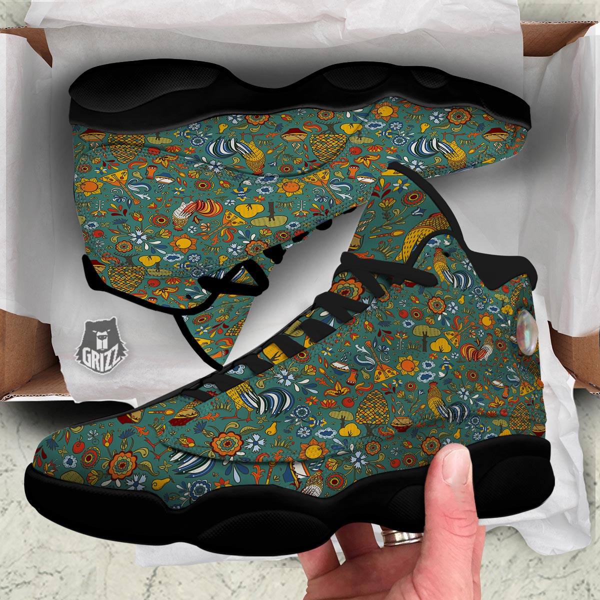 Flower And Rooster Print Pattern Black Basketball Shoes-grizzshop