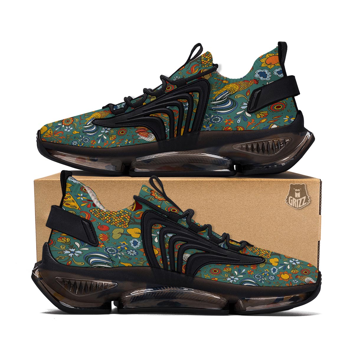 Flower And Rooster Print Pattern Black Gym Shoes-grizzshop