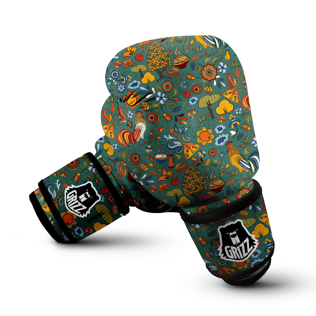 Flower And Rooster Print Pattern Boxing Gloves-grizzshop
