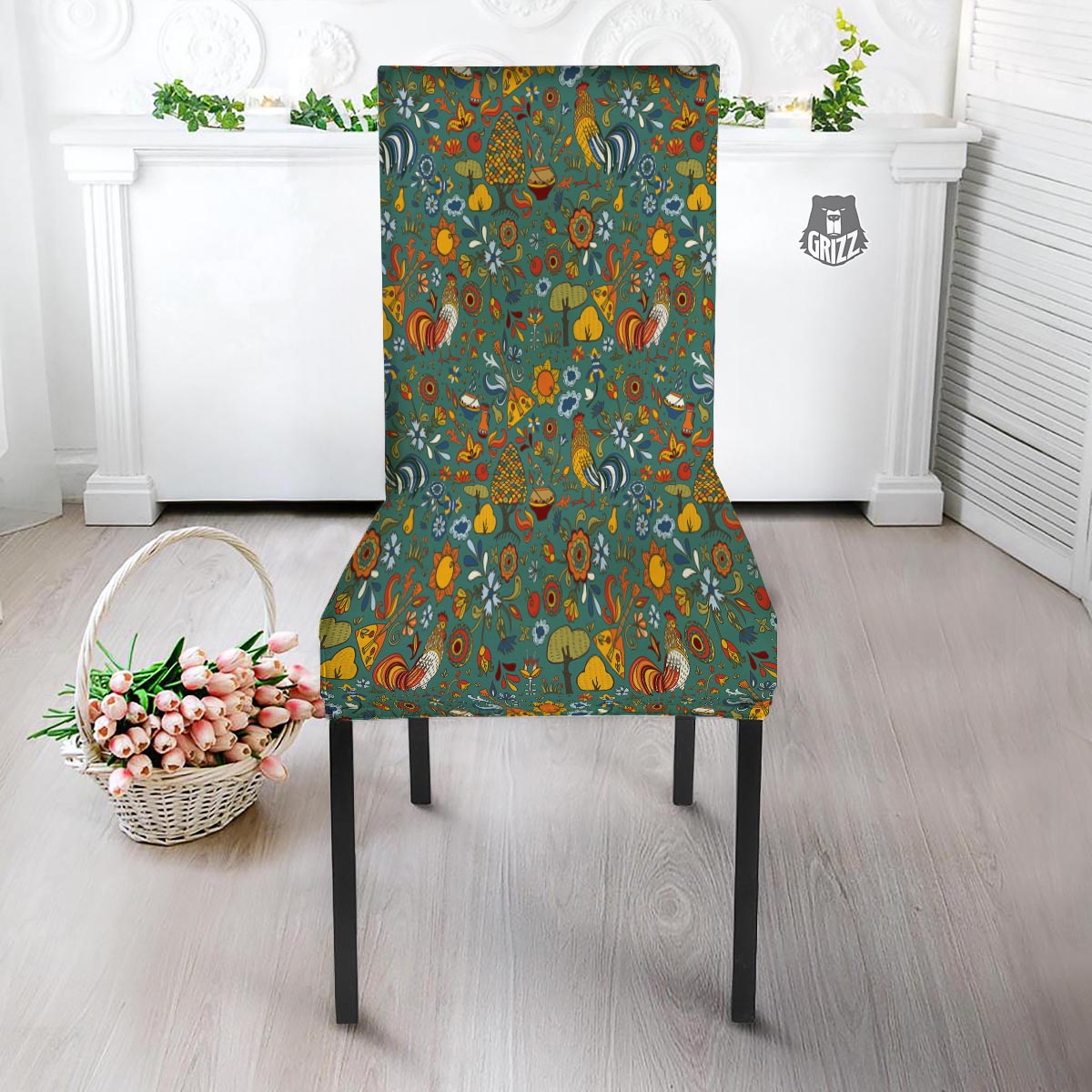 Flower And Rooster Print Pattern Dining Chair Slipcover-grizzshop