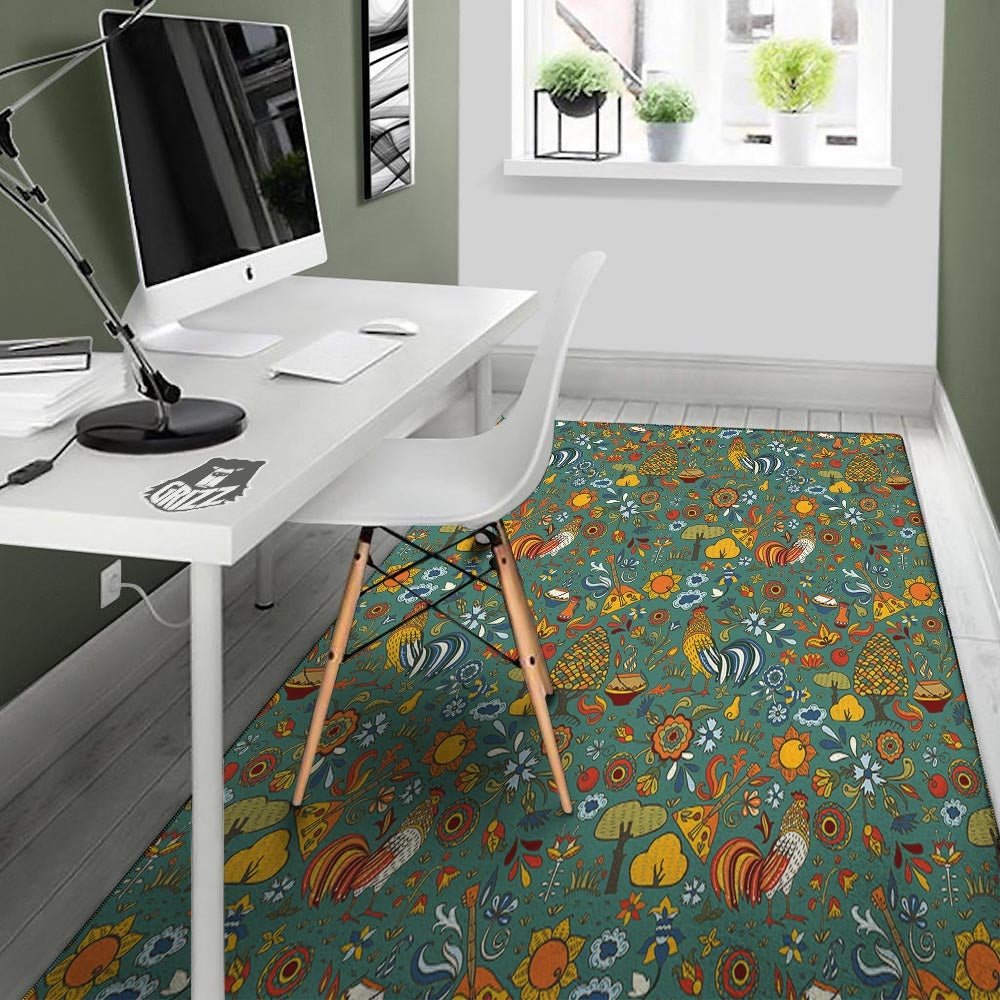 Flower And Rooster Print Pattern Floor Mat-grizzshop