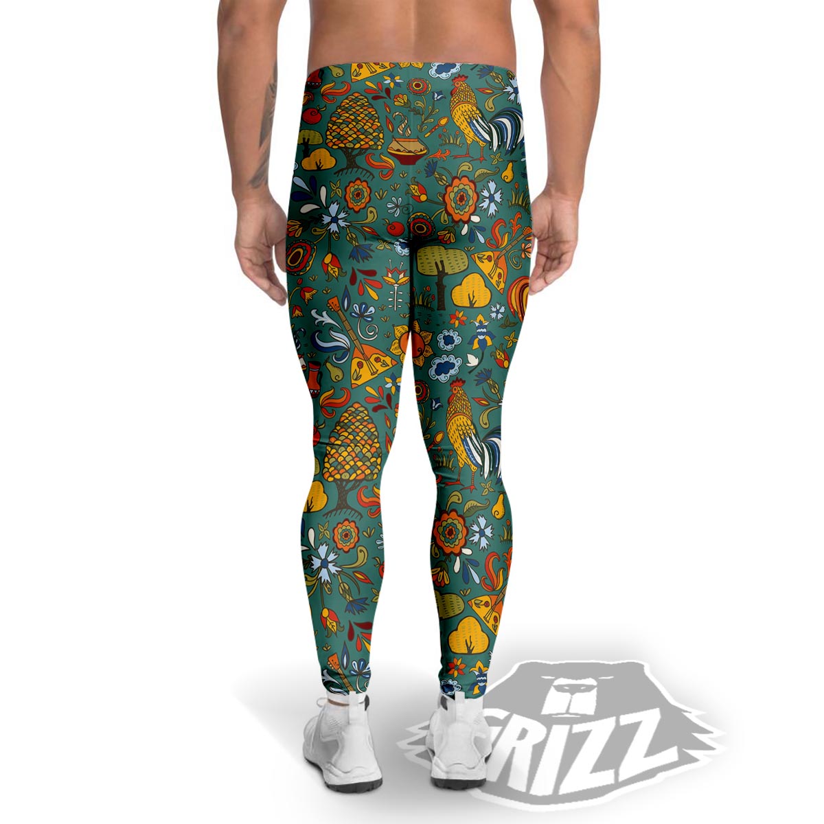 Flower And Rooster Print Pattern Men's Leggings-grizzshop
