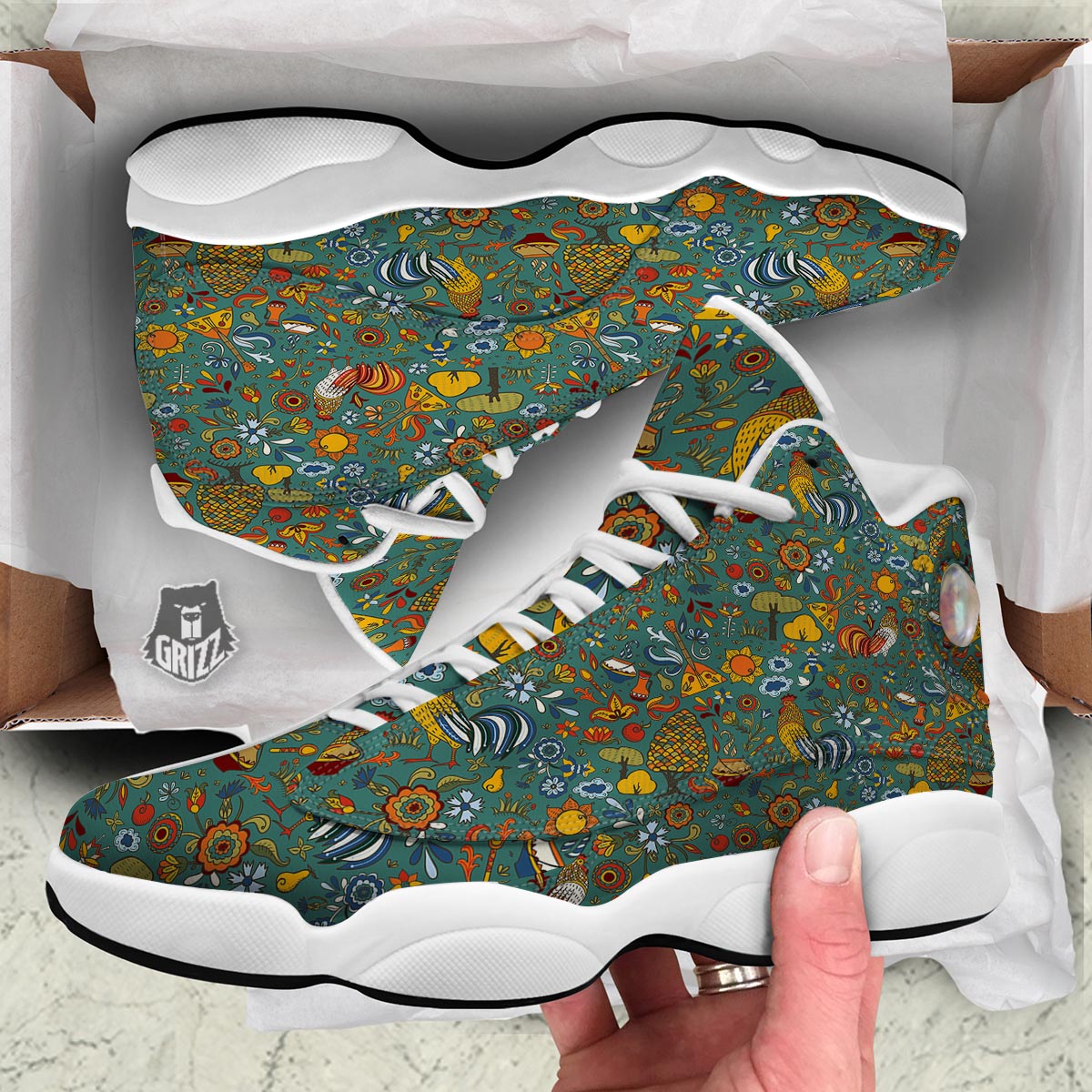 Flower And Rooster Print Pattern White Basketball Shoes-grizzshop