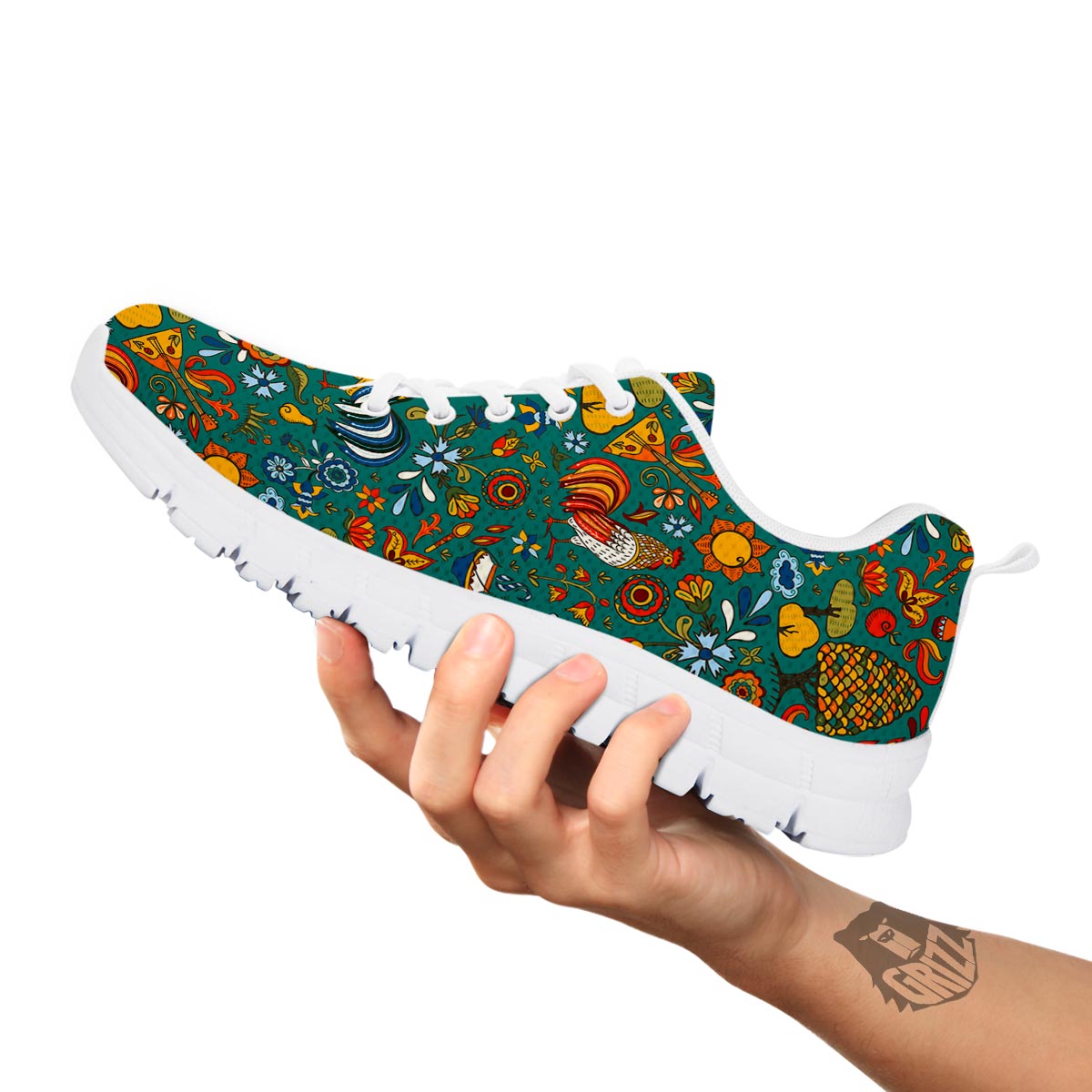 Flower And Rooster Print Pattern White Sneaker-grizzshop