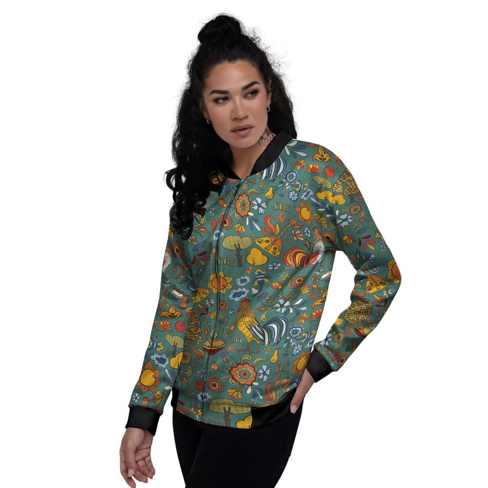 Flower And Rooster Print Pattern Women's Bomber Jacket-grizzshop