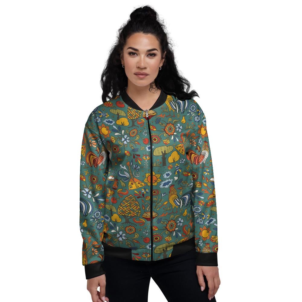 Flower And Rooster Print Pattern Women's Bomber Jacket-grizzshop