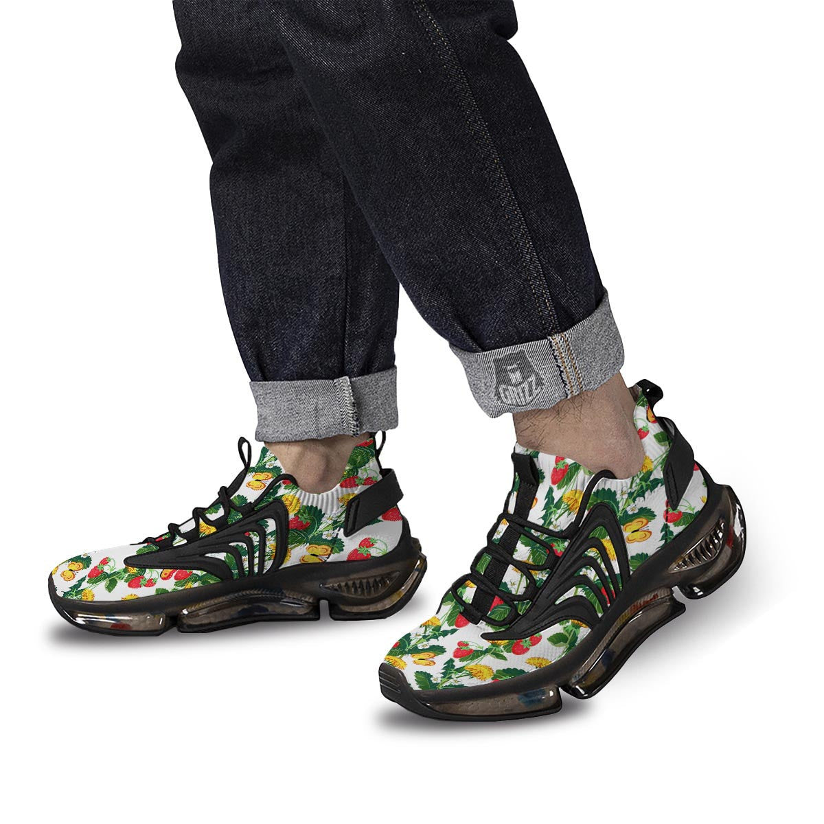 Flower And Strawberry Print Pattern Black Gym Shoes-grizzshop
